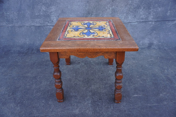 Single Hand-Painted Terracotta Tile set in Wooden Side-Table F2524