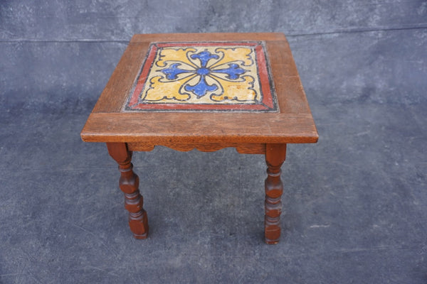 Single Hand-Painted Terracotta Tile set in Wooden Side-Table F2524