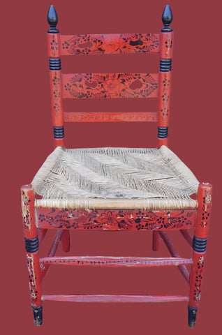 Mexican Colonial Rush Seat Chair in Red & Black 1930s F2671