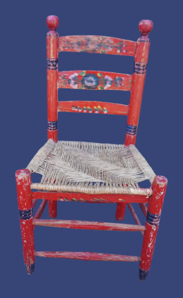 Mexican Colonial Rush Seat Chair Red with Multi-Colored Floral F2673