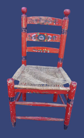 Mexican Colonial Rush Seat Chair Red with Multi-Colored Floral F2673