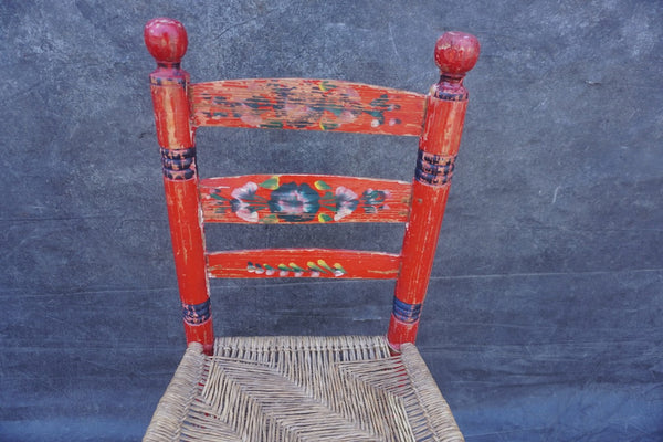 Mexican Colonial Rush Seat Chair Red with Multi-Colored Floral F2673