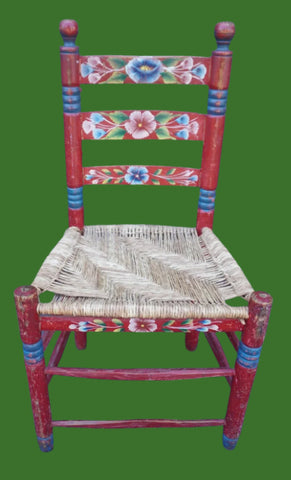 Mexican Colonial Rush Seat Chair Multi-Floral c 1930s F2674