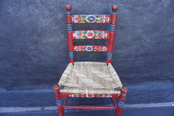 Mexican Colonial Rush Seat Chair Multi-Floral c 1930s F2674