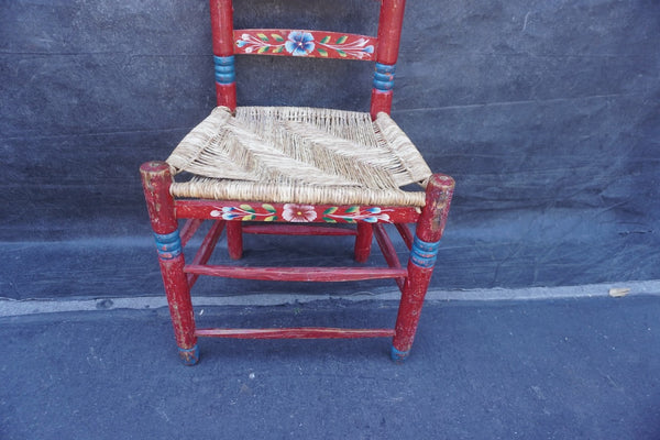 Mexican Colonial Rush Seat Chair Multi-Floral c 1930s F2674