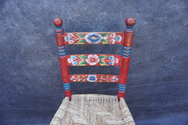 Mexican Colonial Rush Seat Chair Multi-Floral c 1930s F2674