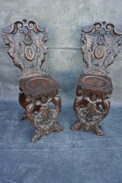 European Gothic Carved Wood Chairs, Pair F2769