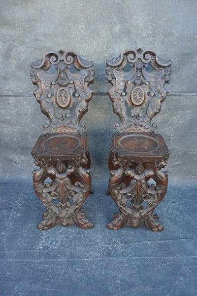European Gothic Carved Wood Chairs, Pair F2769