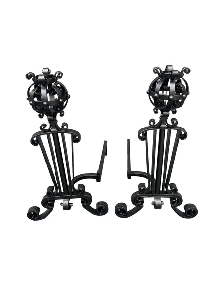 Spanish Revival Andirons, Powder-Coated Matte Black F2802