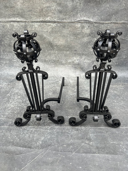 Spanish Revival Andirons, Powder-Coated Matte Black F2802