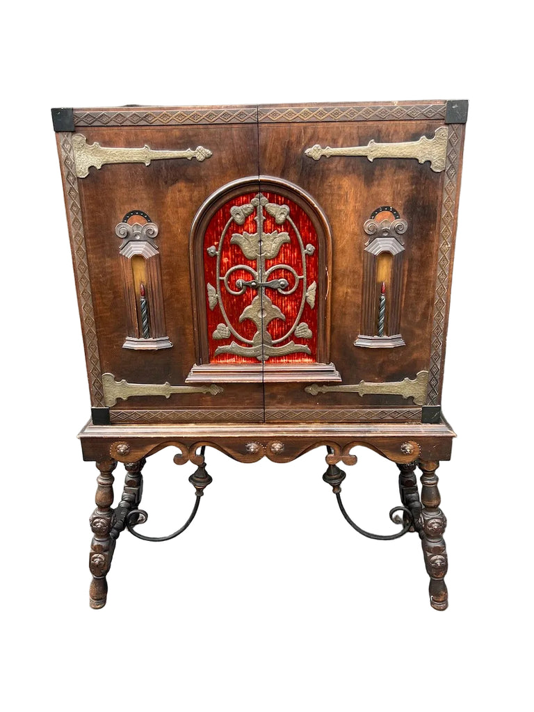 Spanish Revival Solid Walnut and Wrought Iron Cabinet F2804