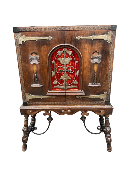 Spanish Revival Solid Walnut and Wrought Iron Cabinet F2804