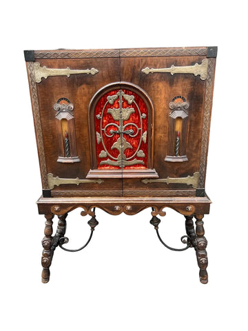 Spanish Revival Solid Walnut and Wrought Iron Cabinet F2804