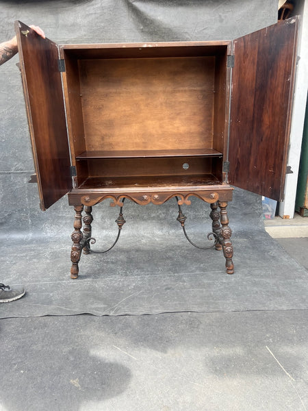Spanish Revival Solid Walnut and Wrought Iron Cabinet F2804