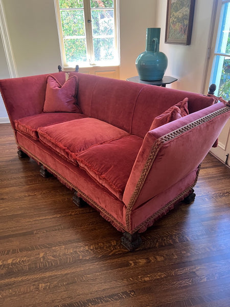 Spanish Revival Tuxedo Couch in Red Velvet F2815