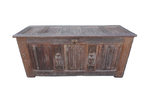19th Century Solid Oak Linenfold Trunk F2829