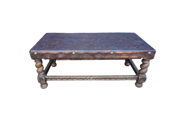 Antique Peruvian Hand Tooled Leather and Carved Wood Bench F2842