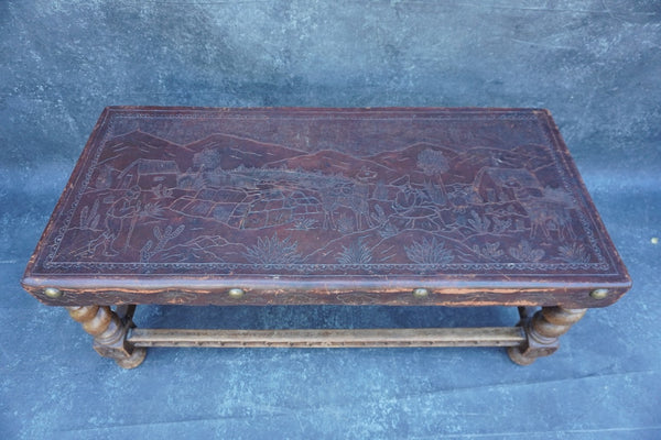 Antique Peruvian Hand Tooled Leather and Carved Wood Bench F2842