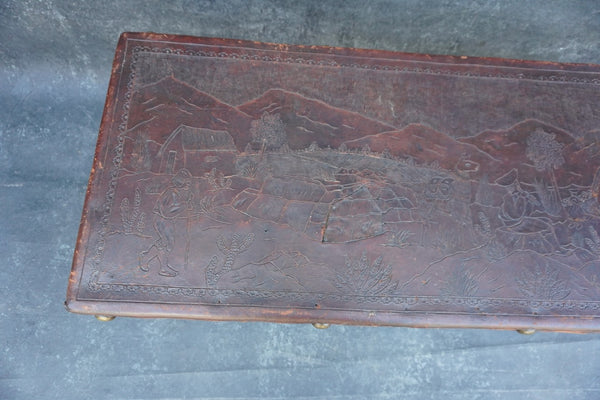 Antique Peruvian Hand Tooled Leather and Carved Wood Bench F2842