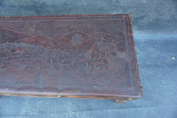 Antique Peruvian Hand Tooled Leather and Carved Wood Bench F2842