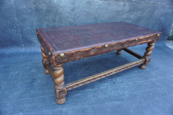 Antique Peruvian Hand Tooled Leather and Carved Wood Bench F2842