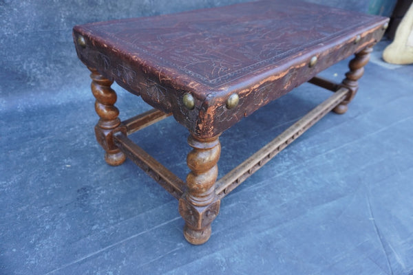 Antique Peruvian Hand Tooled Leather and Carved Wood Bench F2842