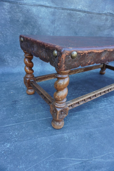 Antique Peruvian Hand Tooled Leather and Carved Wood Bench F2842