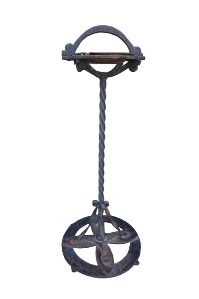 Spanish Revival Wrought Iron Smoking Stand, Hammered Copper Ashtray F2846