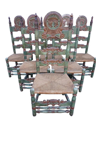 Antique High Backed Spanish Revival Dining Chairs, set of six F2850