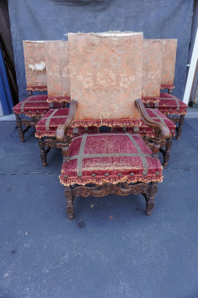 Antique Spanish Revival Hand Carved Walnut Chairs, set of six F2851