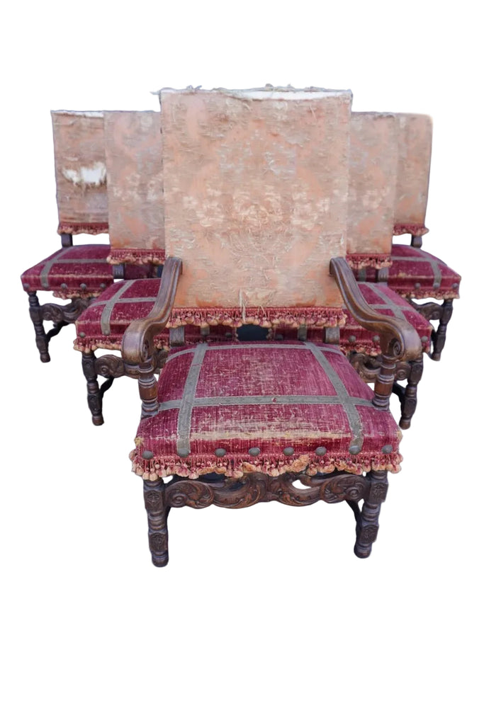 Antique Spanish Revival Hand Carved Walnut Chairs, set of six F2851