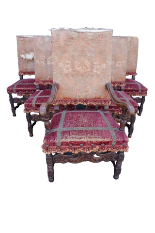 Antique Spanish Revival Hand Carved Walnut Chairs, set of six F2851