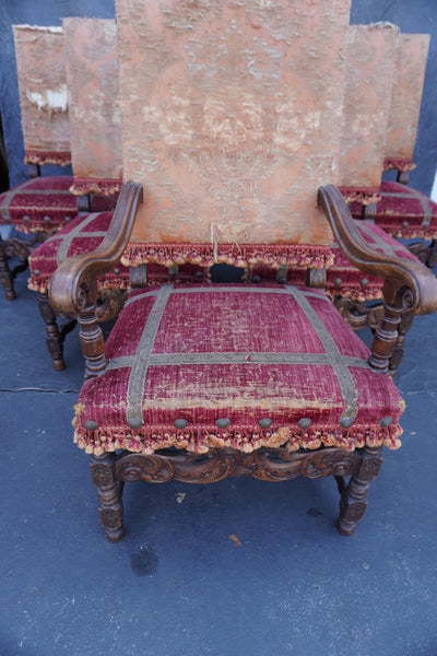 Antique Spanish Revival Hand Carved Walnut Chairs, set of six F2851