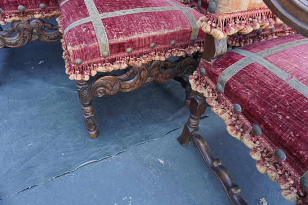 Antique Spanish Revival Hand Carved Walnut Chairs, set of six F2851