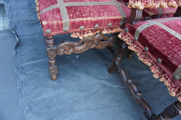Antique Spanish Revival Hand Carved Walnut Chairs, set of six F2851