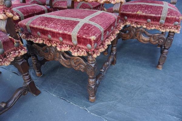 Antique Spanish Revival Hand Carved Walnut Chairs, set of six F2851