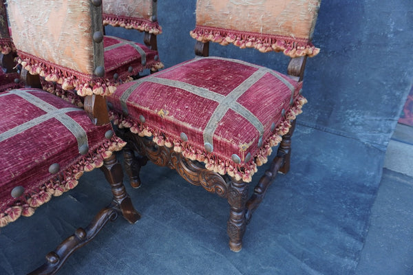 Antique Spanish Revival Hand Carved Walnut Chairs, set of six F2851