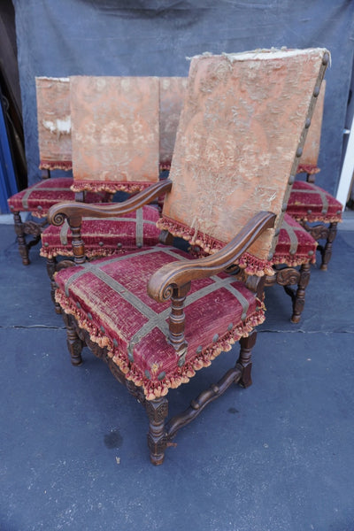 Antique Spanish Revival Hand Carved Walnut Chairs, set of six F2851