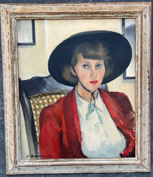 Woman in a Red Jacket by Elmer Plummer, Oil on Canvas, Original Frame P3560