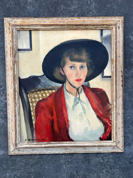 Woman in a Red Jacket by Elmer Plummer, Oil on Canvas, Original Frame P3560