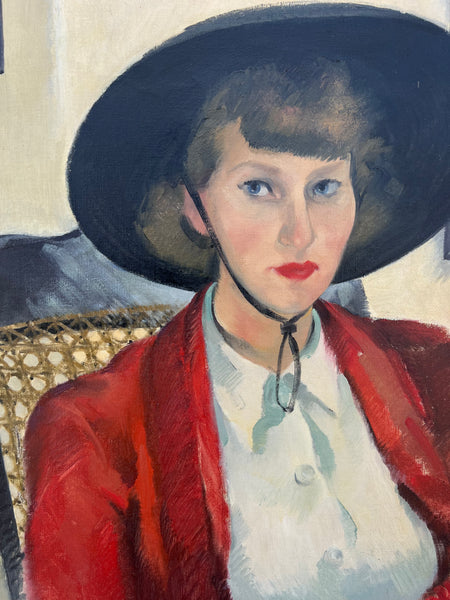 Woman in a Red Jacket by Elmer Plummer, Oil on Canvas, Original Frame P3560