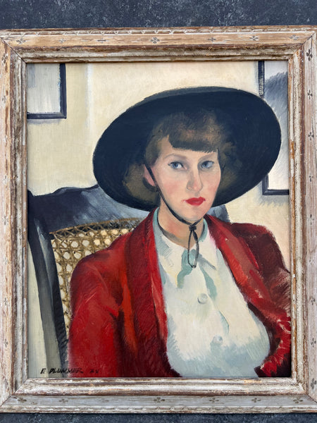 Woman in a Red Jacket by Elmer Plummer, Oil on Canvas, Original Frame P3560