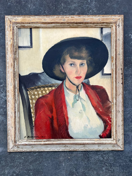 Woman in a Red Jacket by Elmer Plummer, Oil on Canvas, Original Frame P3560