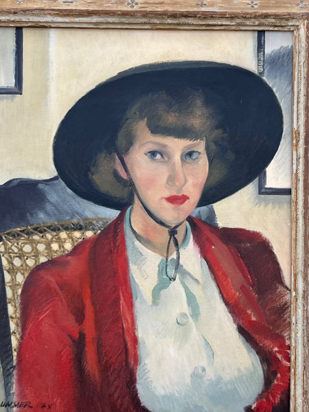 Woman in a Red Jacket by Elmer Plummer, Oil on Canvas, Original Frame P3560