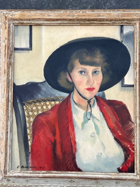 Woman in a Red Jacket by Elmer Plummer, Oil on Canvas, Original Frame P3560