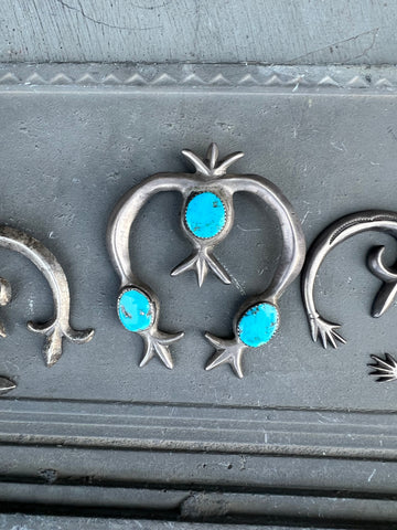 Navajo Squash Blossum Naja 3 stone Turquoise and Sand cast Silver circa 1950