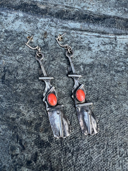 Brutalist Silver and Coral Earrings J633