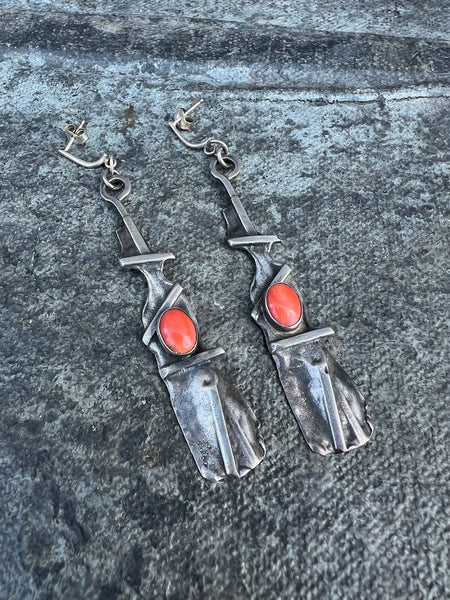 Brutalist Silver and Coral Earrings J633
