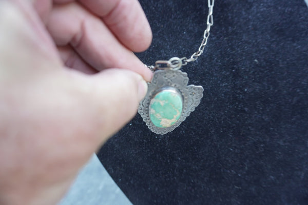 Fred Harvey Turquoise Pendant with Hand Made Navajo Chain J634