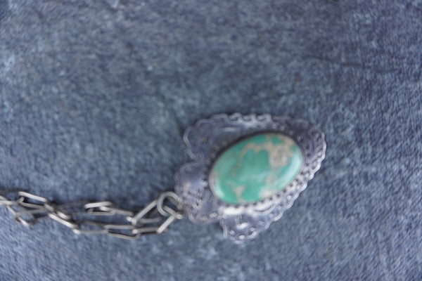 Fred Harvey Turquoise Pendant with Hand Made Navajo Chain J634